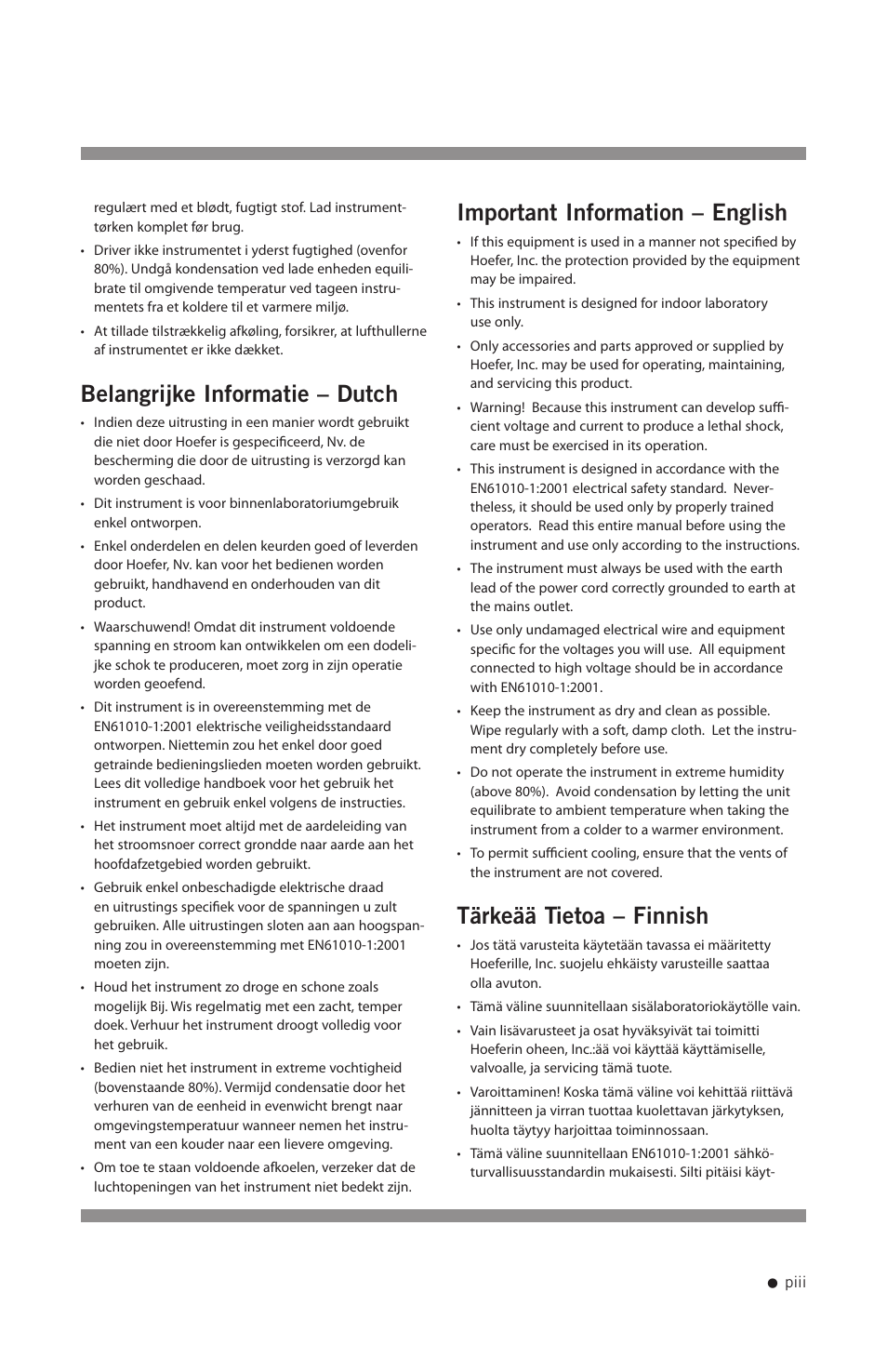 Belangrijke informatie – dutch, Important information – english, Tärkeää tietoa – finnish | Hoefer UV20 User Manual | Page 4 / 21