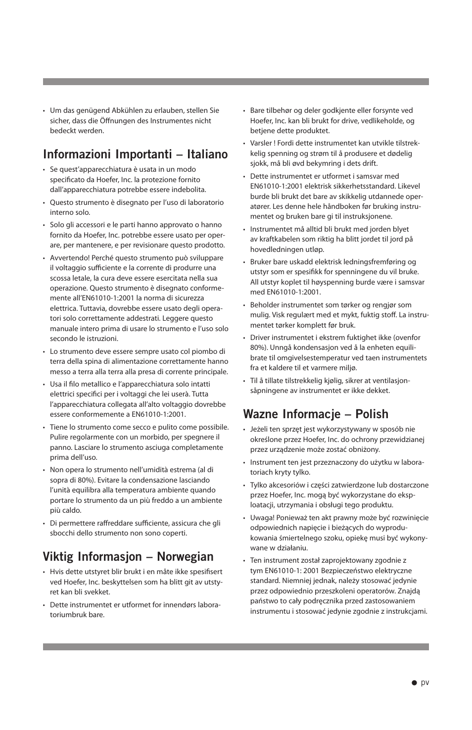 Informazioni importanti – italiano, Viktig informasjon – norwegian, Wazne informacje – polish | Hoefer UV20 User Manual | Page 6 / 21