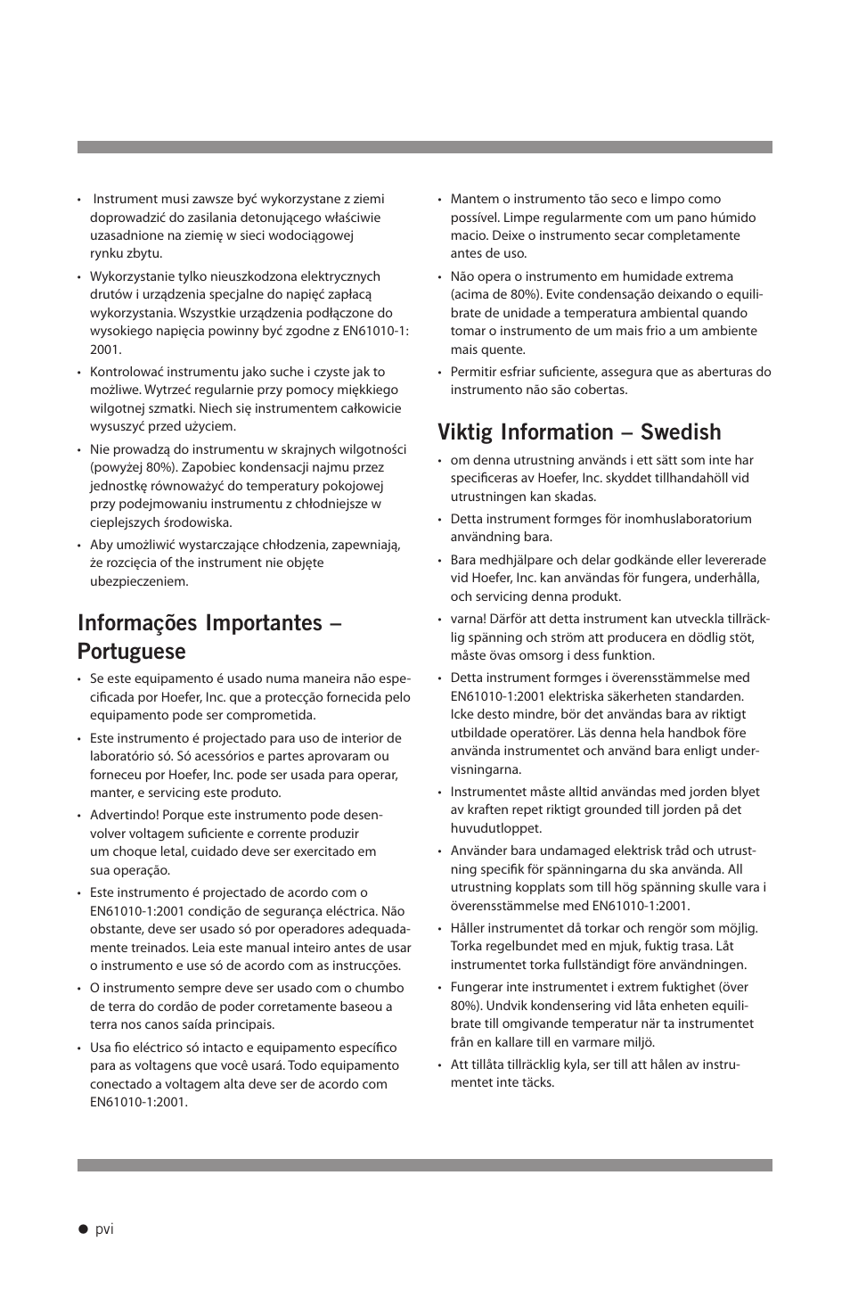 Informações importantes – portuguese, Viktig information – swedish | Hoefer UV20 User Manual | Page 7 / 21