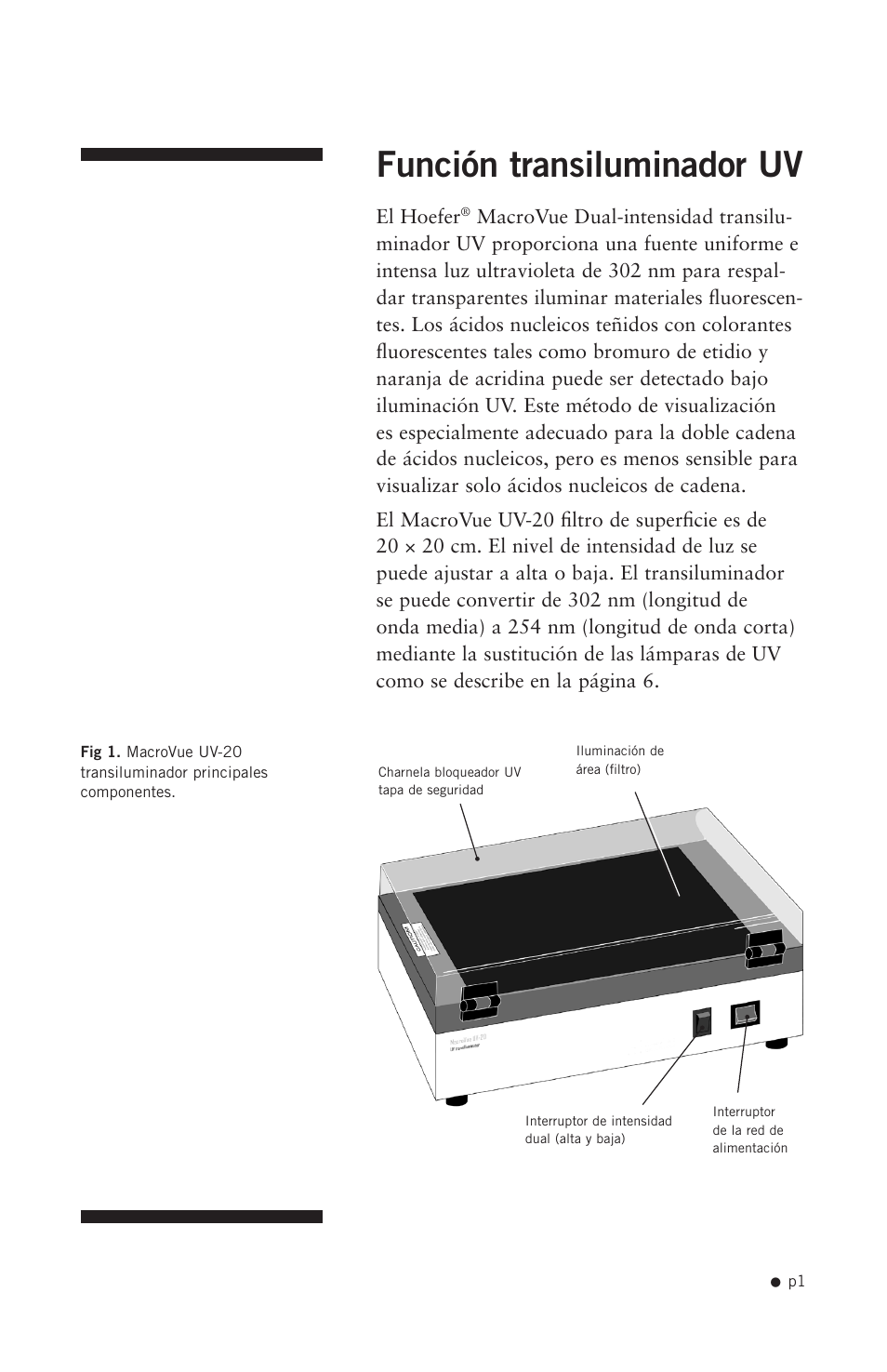 Función transiluminador uv | Hoefer UV20 User Manual | Page 9 / 21