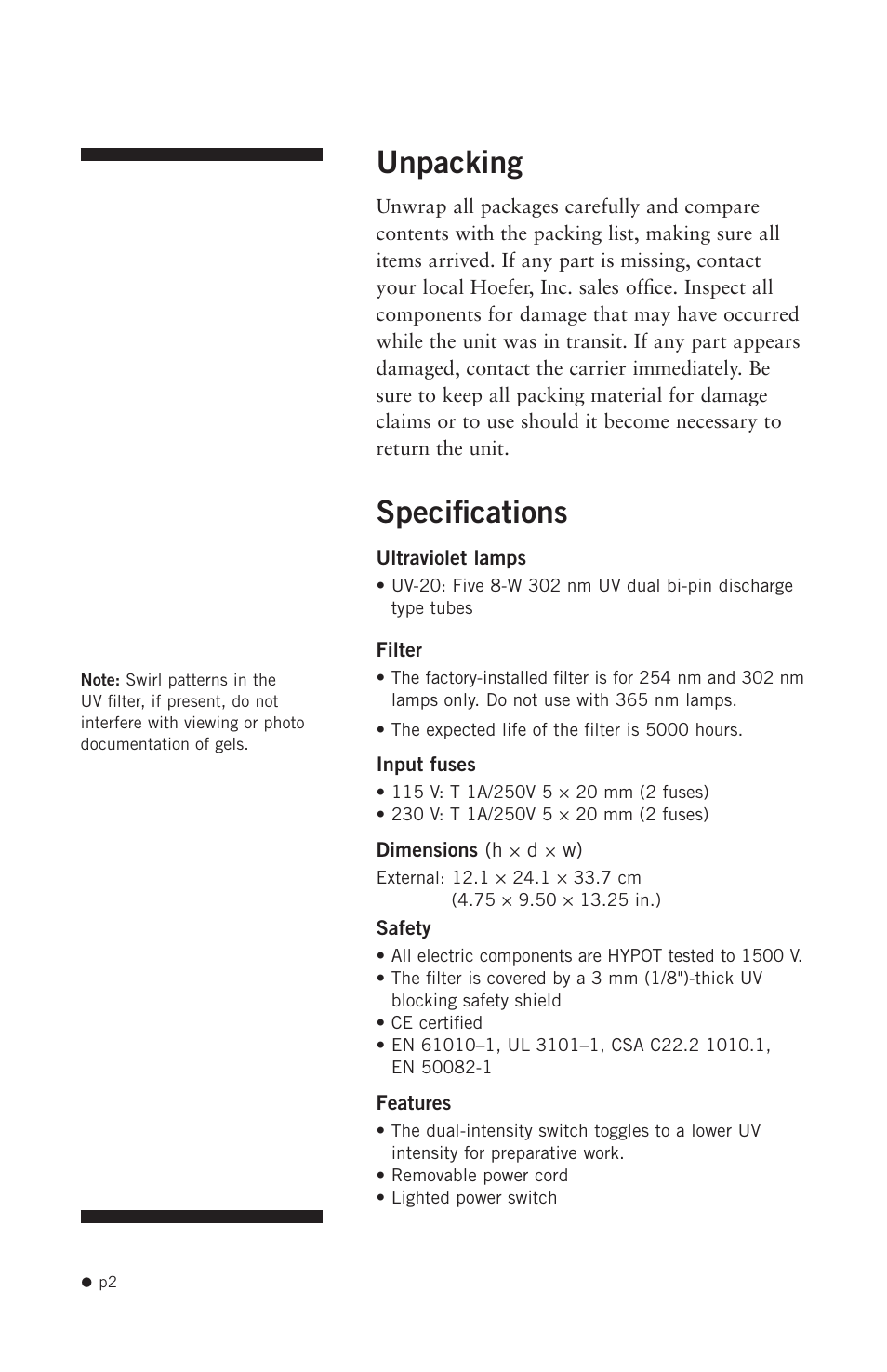 Unpacking, Specifications | Hoefer UV20 User Manual | Page 10 / 21