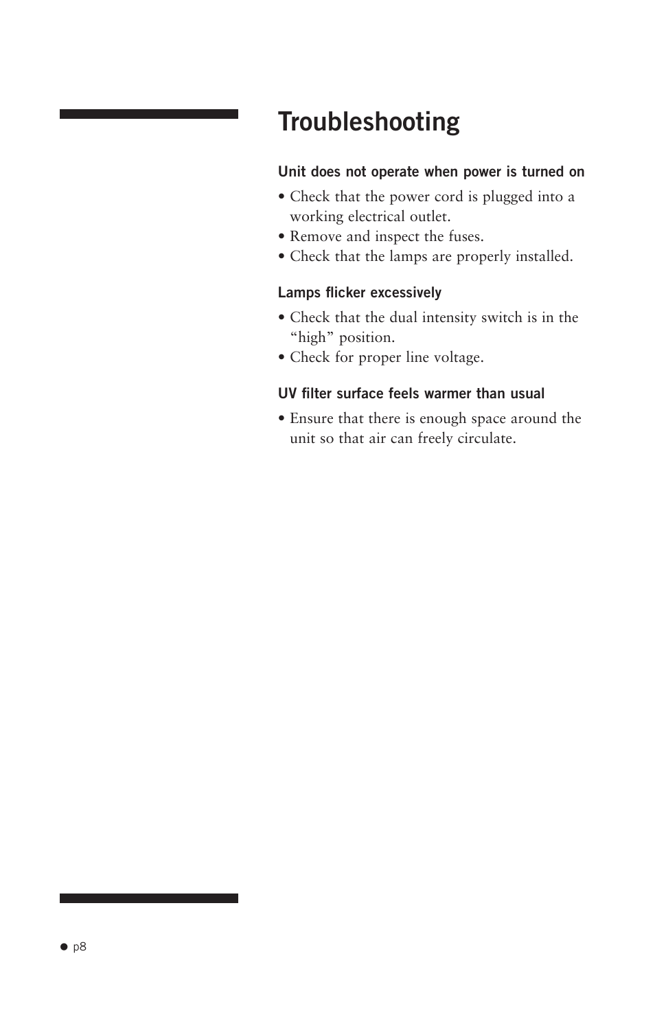 Troubleshooting | Hoefer UV20 User Manual | Page 16 / 21