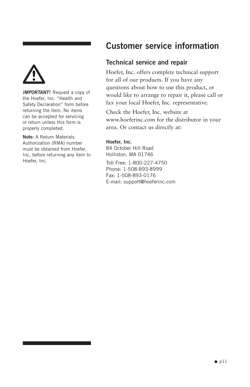 Customer service information | Hoefer UV20 User Manual | Page 19 / 21