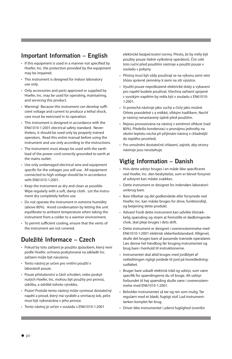 Important information – english, Duležité informace – czech, Vigtig information – danish | Hoefer UV20 User Manual | Page 3 / 21
