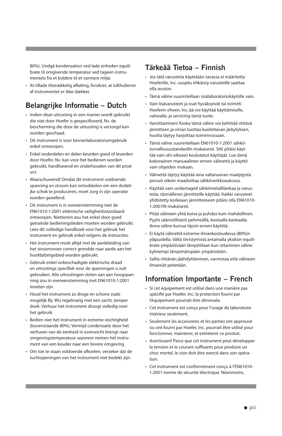 Belangrijke informatie – dutch, Tärkeää tietoa – finnish, Information importante – french | Hoefer UV20 User Manual | Page 4 / 21