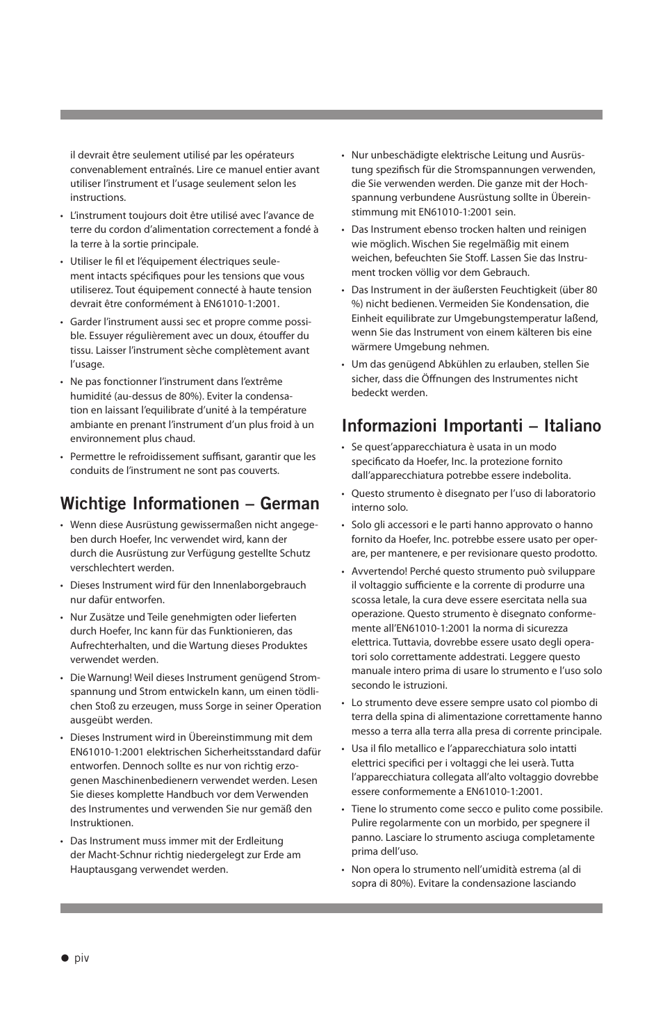 Wichtige informationen – german, Informazioni importanti – italiano | Hoefer UV20 User Manual | Page 5 / 21