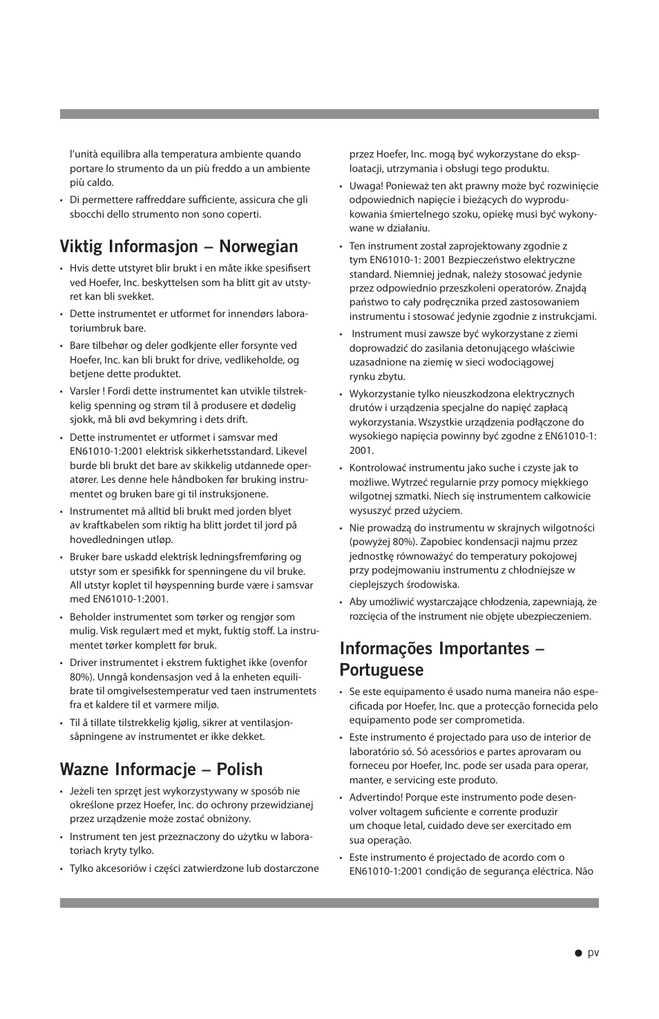 Viktig informasjon – norwegian, Wazne informacje – polish, Informações importantes – portuguese | Hoefer UV20 User Manual | Page 6 / 21