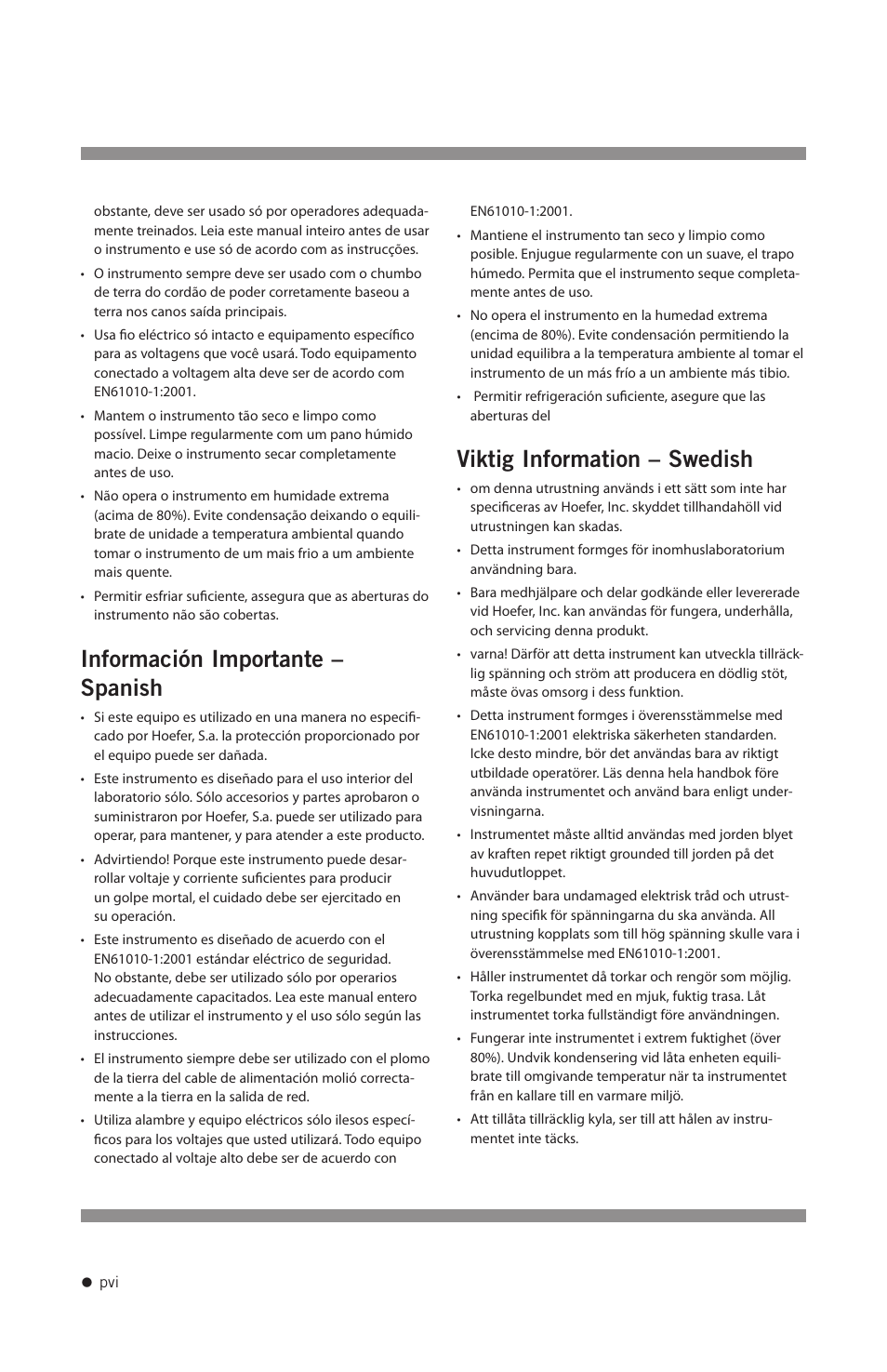 Información importante – spanish, Viktig information – swedish | Hoefer UV20 User Manual | Page 7 / 21