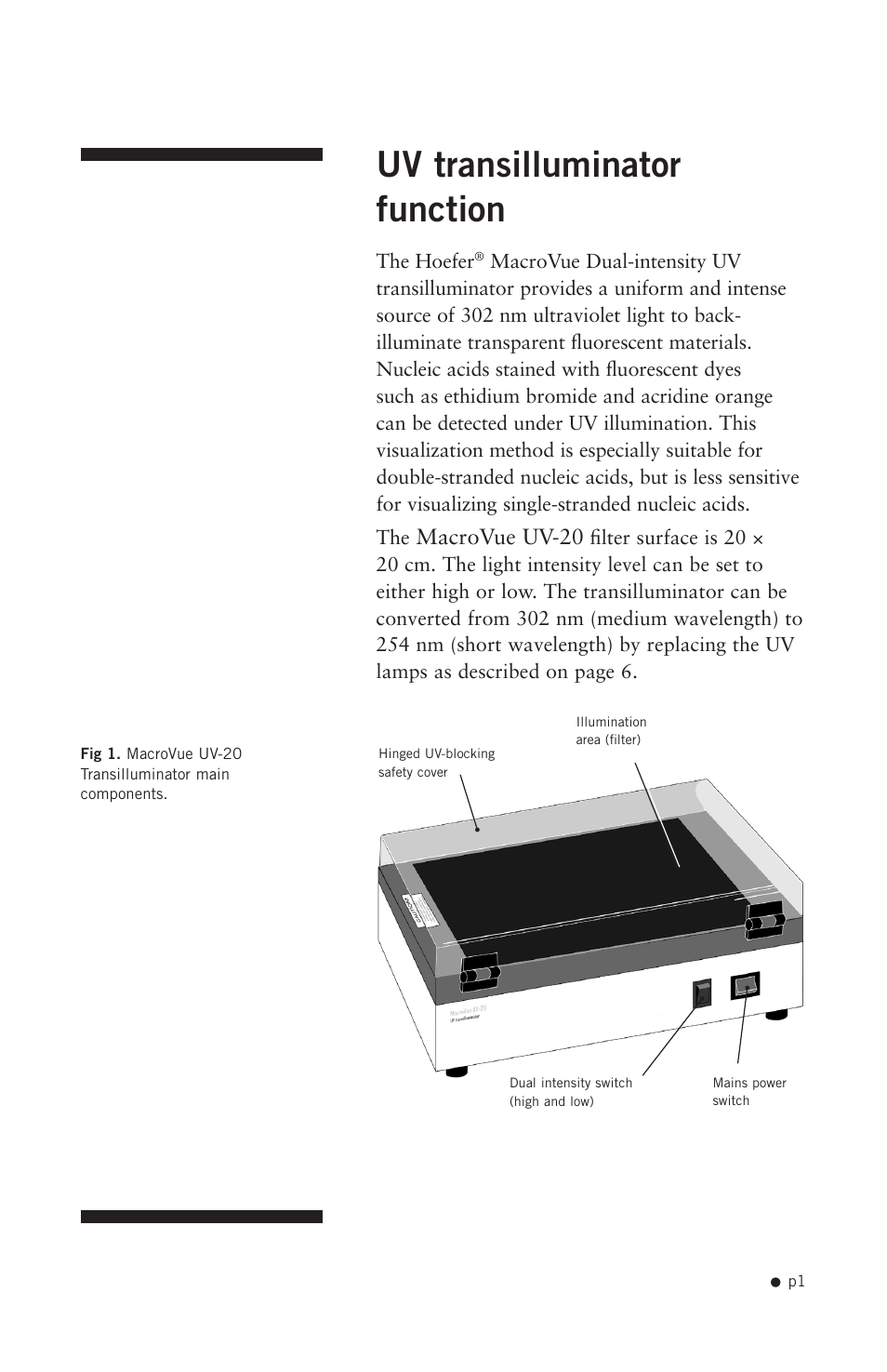 Uv transilluminator function | Hoefer UV20 User Manual | Page 9 / 21