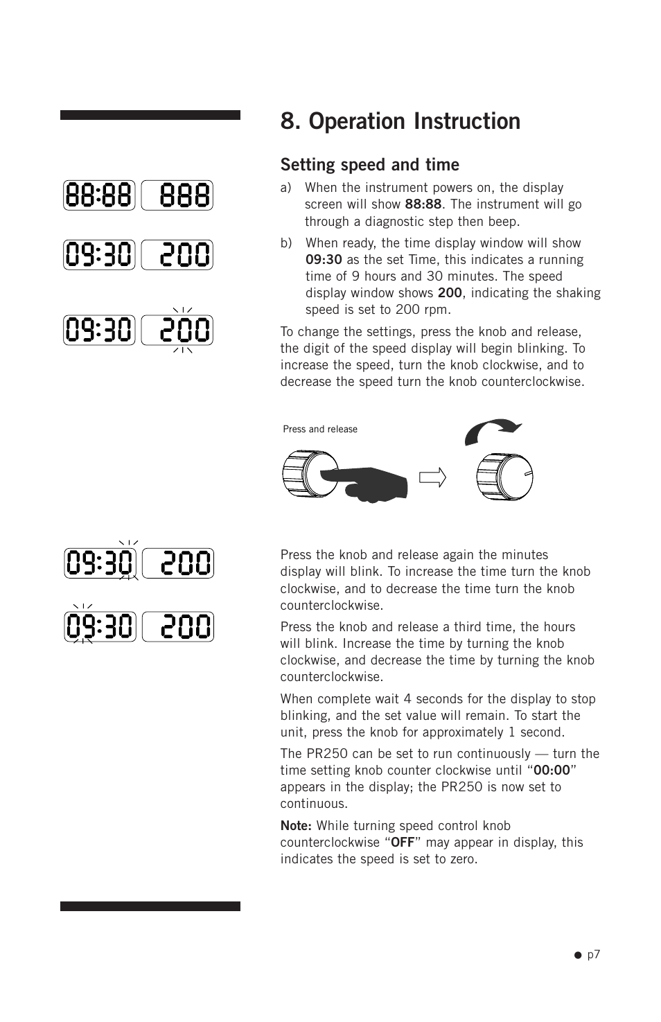 Operation instruction, Setting speed and time | Hoefer PR250 User Manual | Page 13 / 18