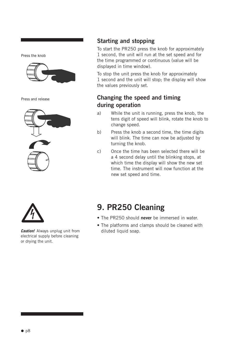 Pr250 cleaning, Starting and stopping, Changing the speed and timing during operation | Hoefer PR250 User Manual | Page 14 / 18