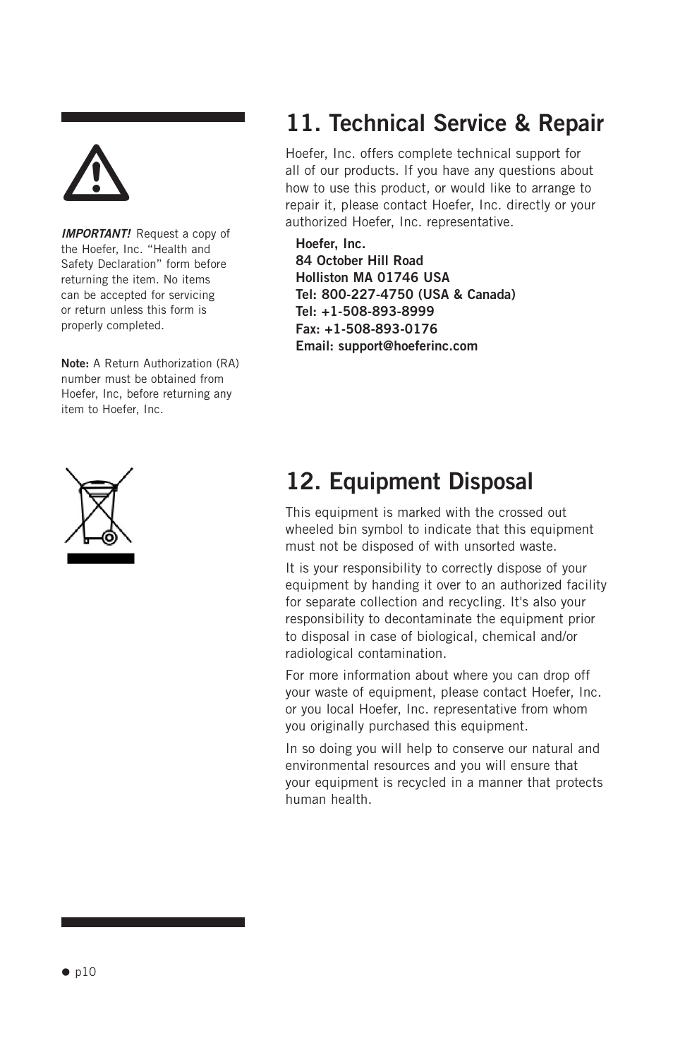 Technical service & repair, Equipment disposal, Technical service & repair 12. equipment disposal | Hoefer PR250 User Manual | Page 16 / 18