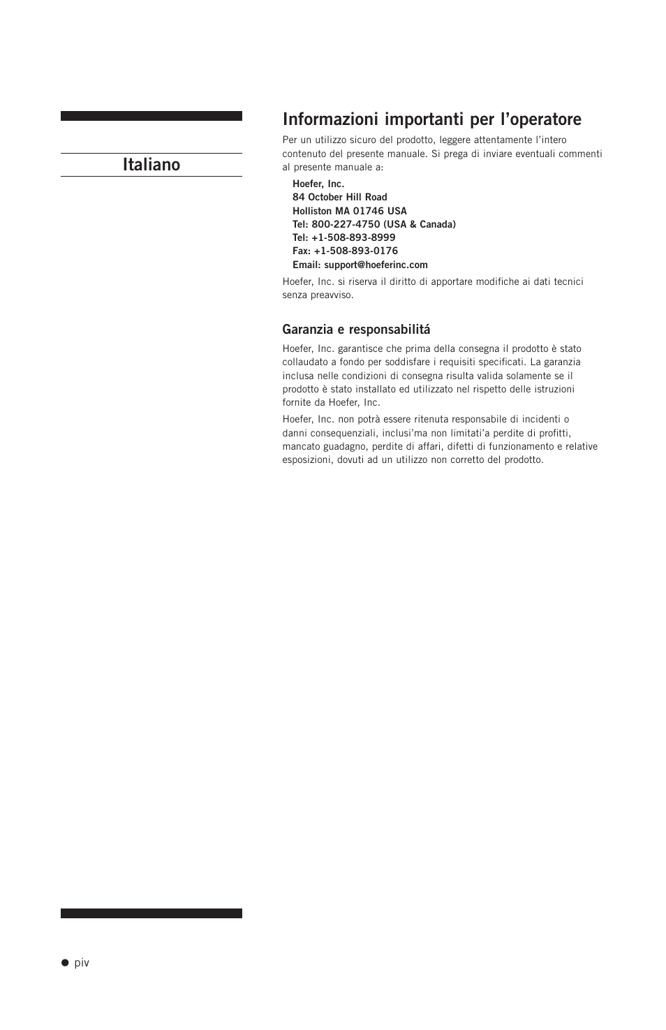 Italiano informazioni importanti per l’operatore | Hoefer PR250 User Manual | Page 5 / 18