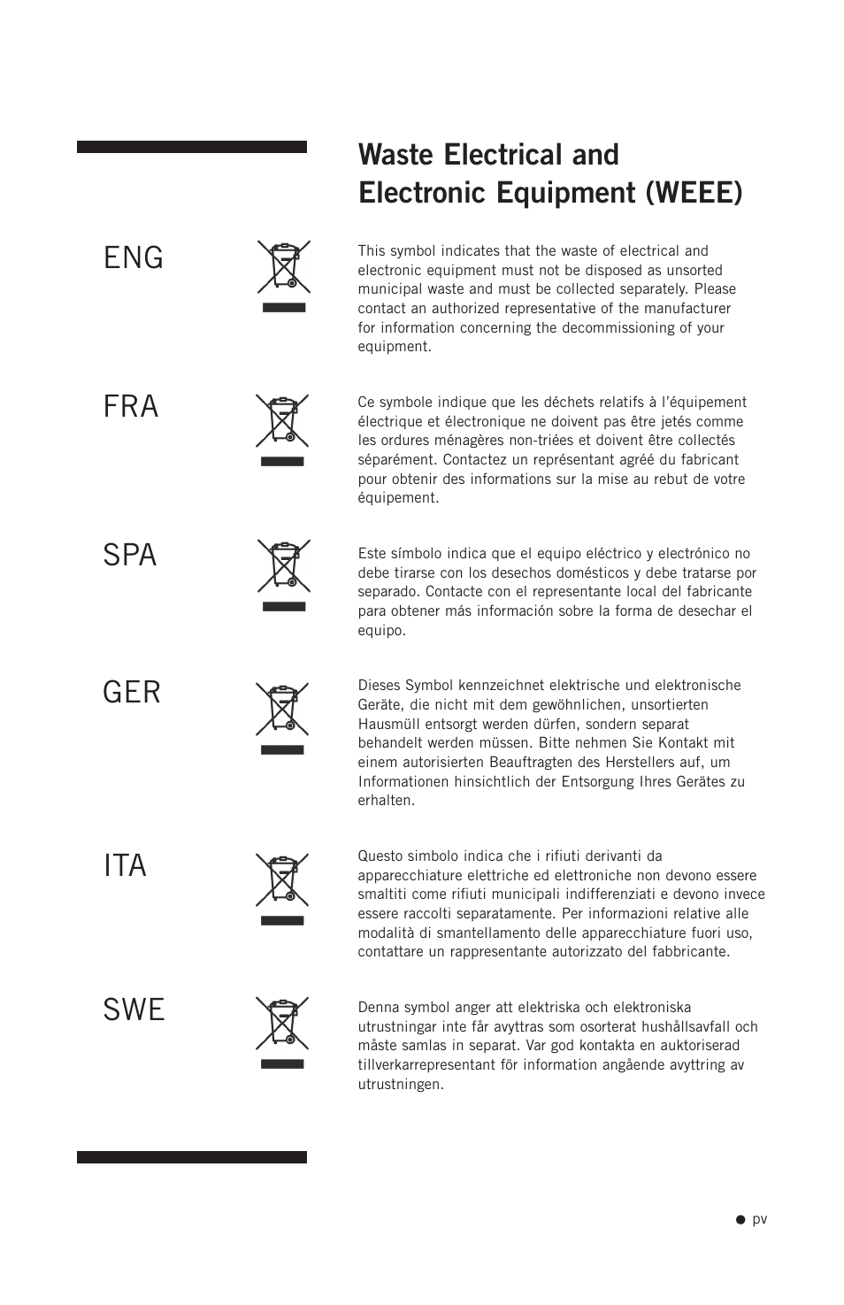 Waste electrical and electronic equipment (weee), Eng fra spa ger ita swe | Hoefer PR250 User Manual | Page 6 / 18