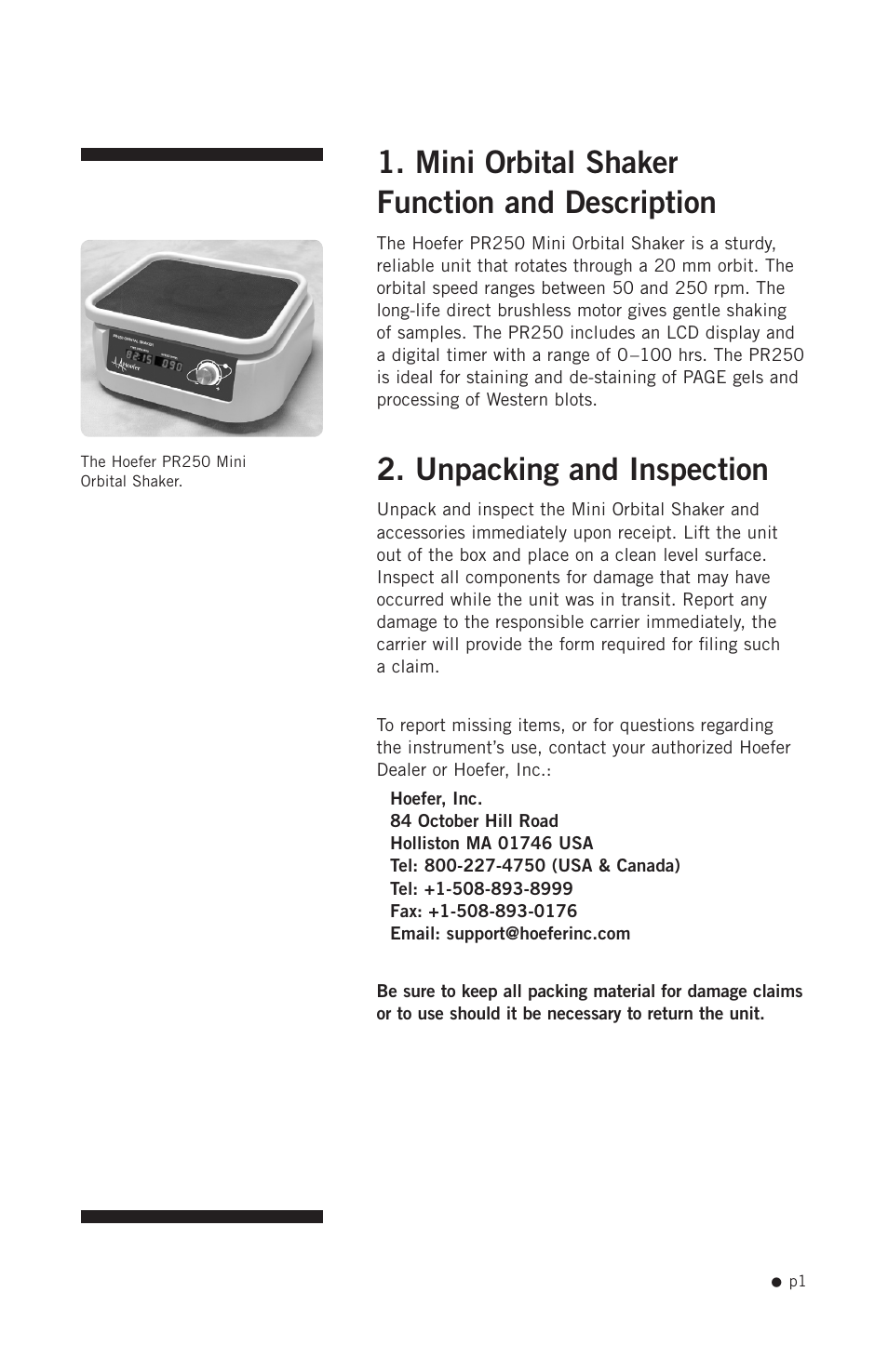 Mini orbital shaker function and description, Unpacking and inspection | Hoefer PR250 User Manual | Page 7 / 18