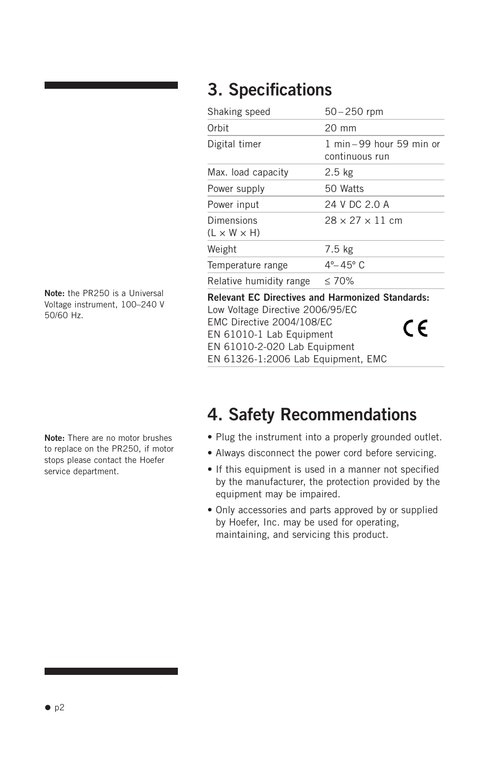 Specifications, Safety recommendations, Specifications 4. safety recommendations | Hoefer PR250 User Manual | Page 8 / 18