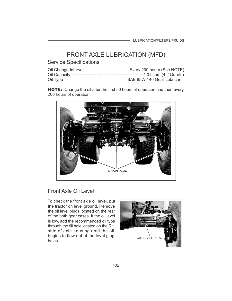 Front axle lubrication (mfd), Service specifications, Front axle oil level | Cub Cadet 7532 User Manual | Page 110 / 126