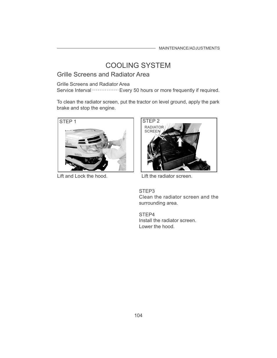 Cooling system, Grille screens and radiator area | Cub Cadet 7532 User Manual | Page 112 / 126