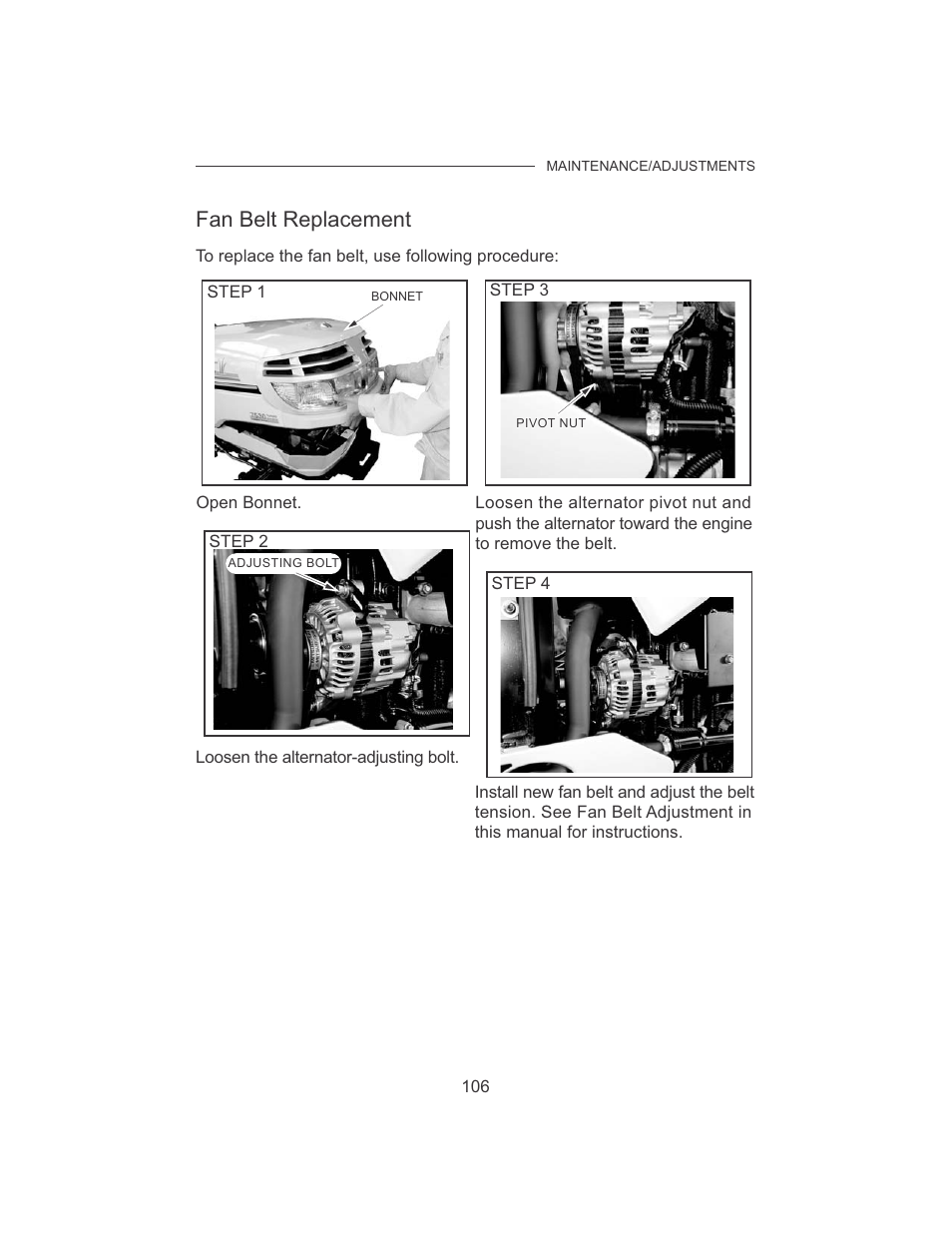 Fan belt replacement | Cub Cadet 7532 User Manual | Page 114 / 126