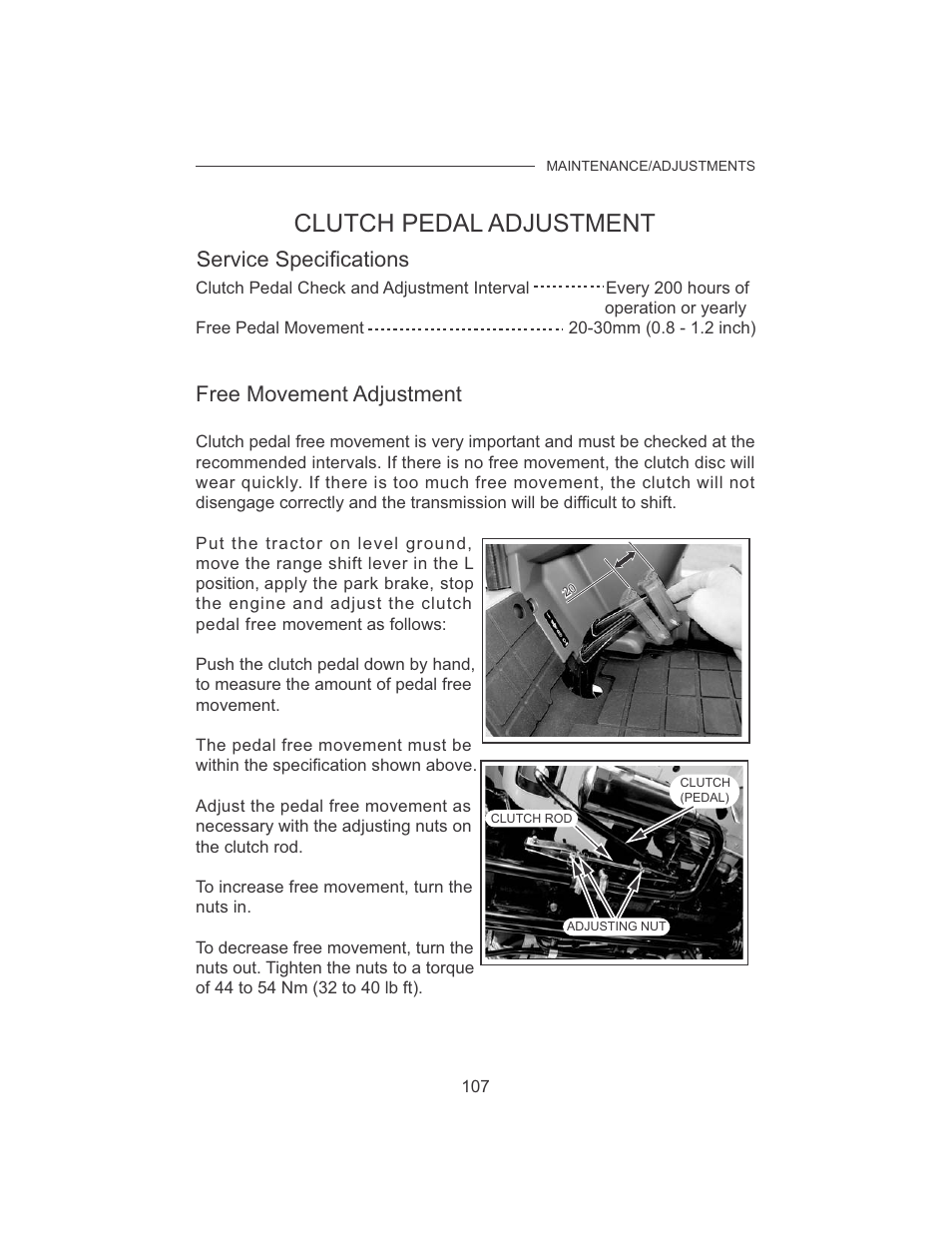 Clutch pedal adjustment, Service specifications, Free movement adjustment | Cub Cadet 7532 User Manual | Page 115 / 126