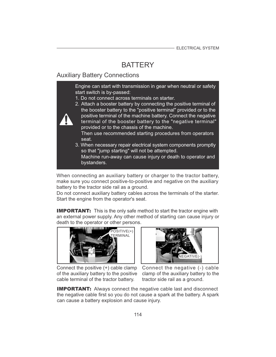 Battery, Auxiliary battery connections | Cub Cadet 7532 User Manual | Page 122 / 126