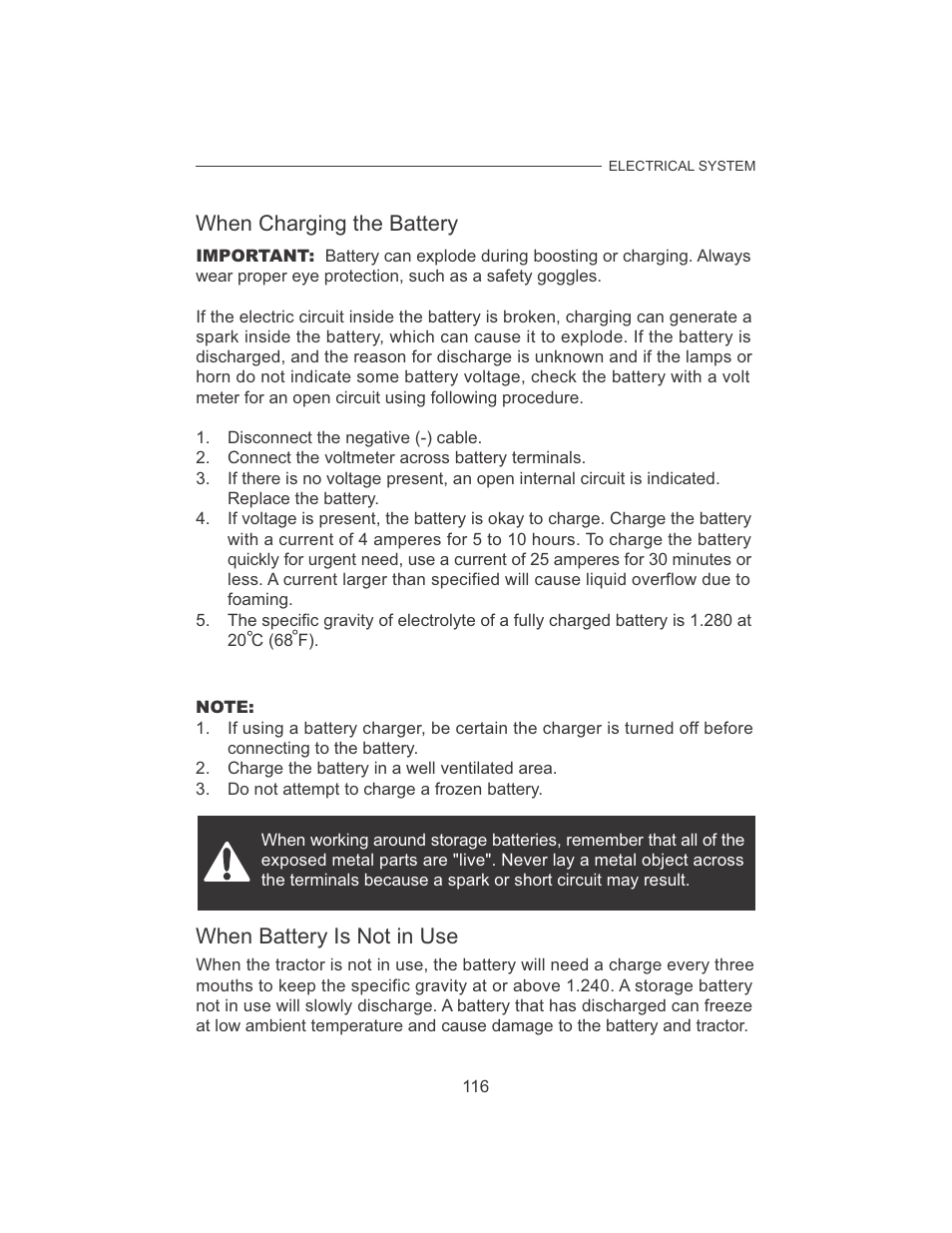 When charging the battery, When battery is not in use | Cub Cadet 7532 User Manual | Page 124 / 126