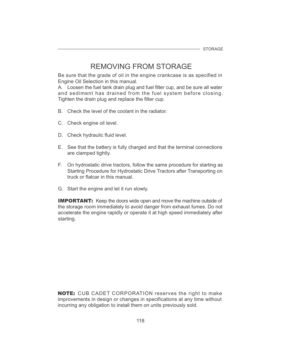 Removing from storage | Cub Cadet 7532 User Manual | Page 126 / 126