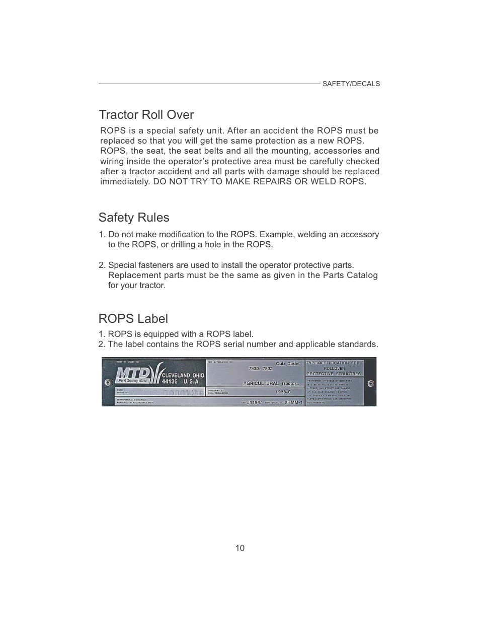 Tractor roll over safety rules, Rops label | Cub Cadet 7532 User Manual | Page 18 / 126