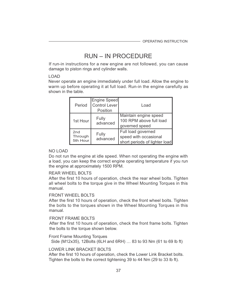 Run – in procedure | Cub Cadet 7532 User Manual | Page 45 / 126