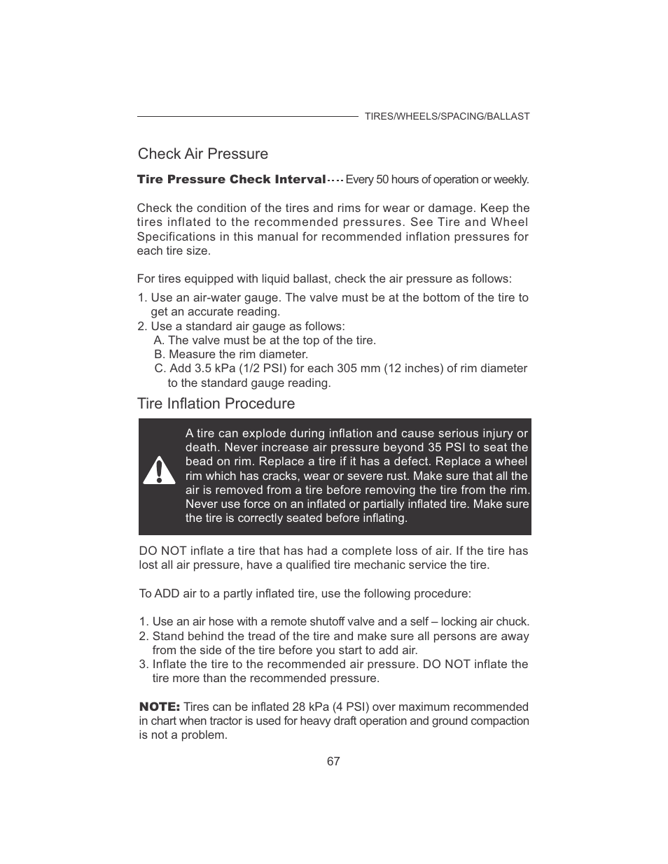 Check air pressure, Tire inflation procedure | Cub Cadet 7532 User Manual | Page 75 / 126