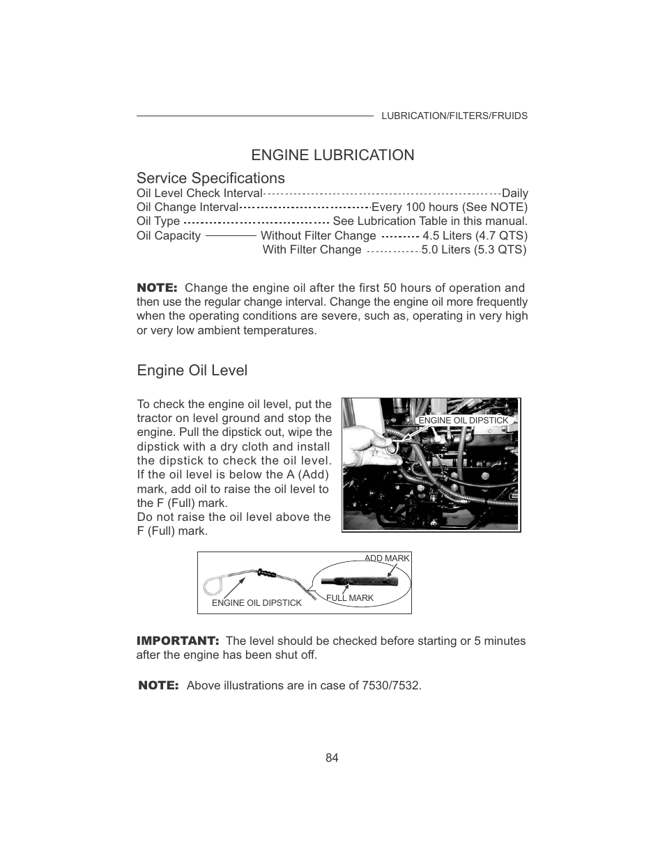 Engine lubrication service specifications, Engine oil level | Cub Cadet 7532 User Manual | Page 92 / 126