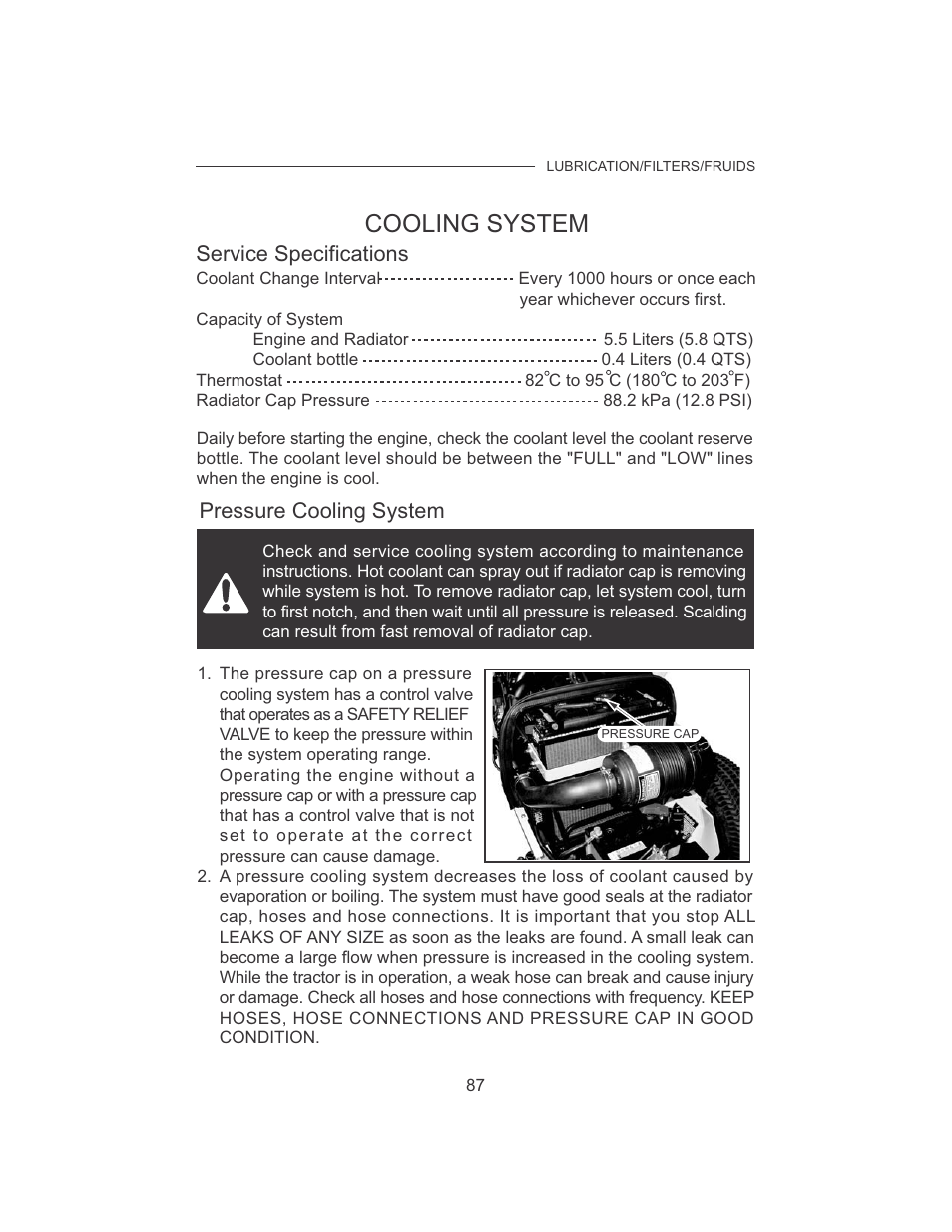 Cooling system, Service specifications, Pressure cooling system | Cub Cadet 7532 User Manual | Page 95 / 126