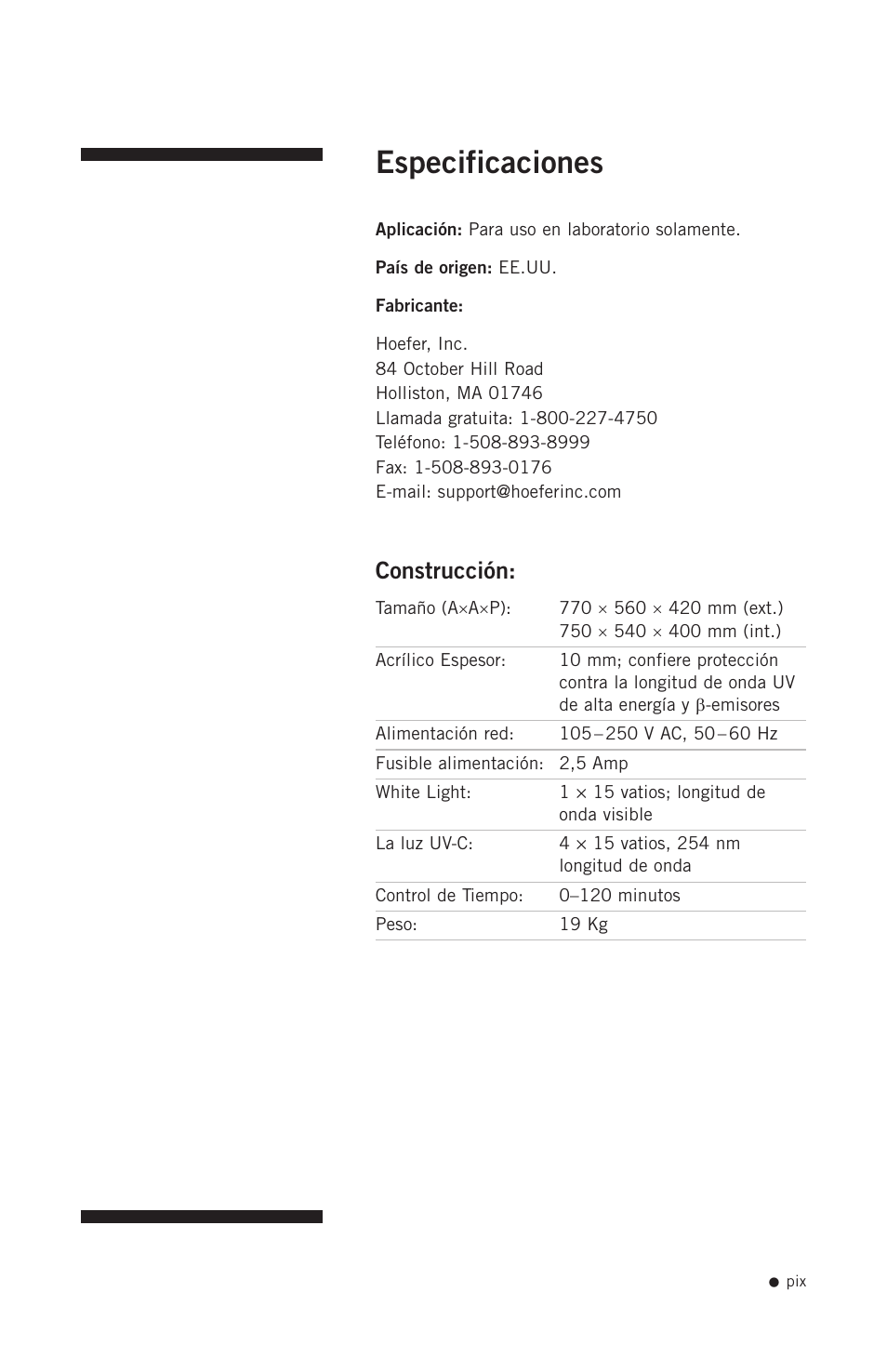 Especificaciones, Construcción | Hoefer PCR1000 User Manual | Page 10 / 19
