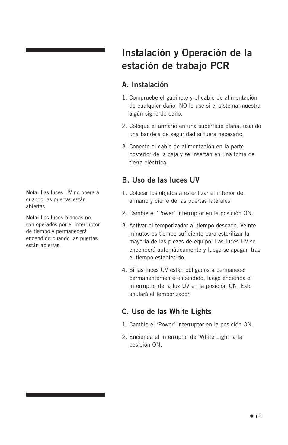 A. instalación, B. uso de las luces uv, C. uso de las white lights | Hoefer PCR1000 User Manual | Page 14 / 19