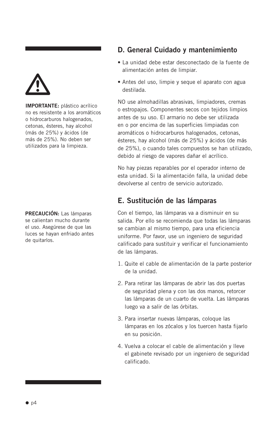 D. general cuidado y mantenimiento, E. sustitución de las lámparas | Hoefer PCR1000 User Manual | Page 15 / 19