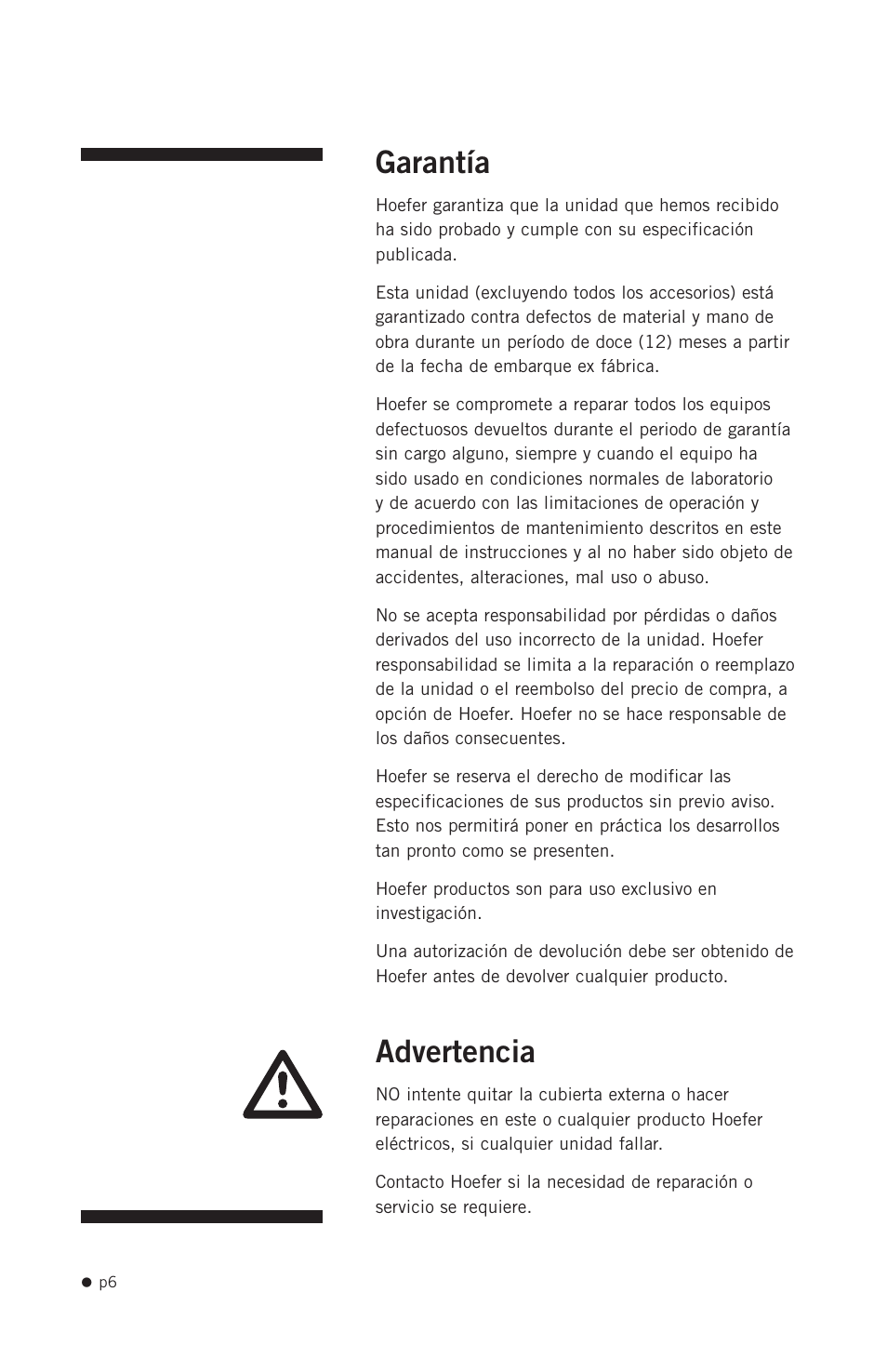 Garantía, Advertencia | Hoefer PCR1000 User Manual | Page 17 / 19