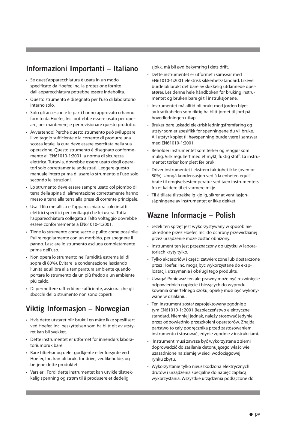 Informazioni importanti – italiano, Viktig informasjon – norwegian, Wazne informacje – polish | Hoefer PCR1000 User Manual | Page 6 / 19