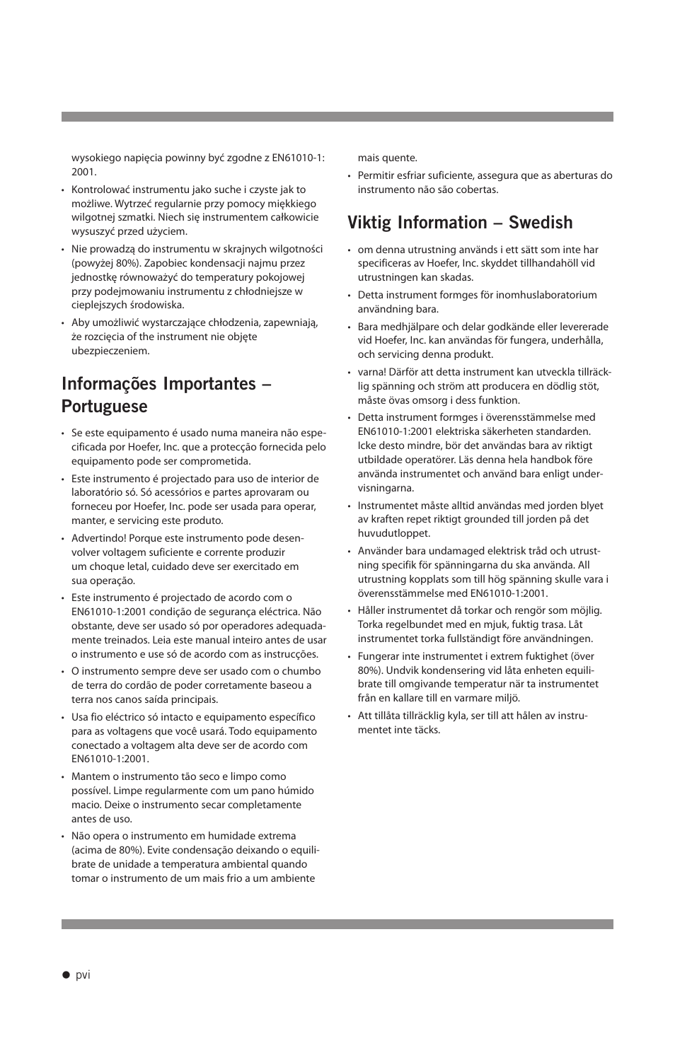 Informações importantes – portuguese, Viktig information – swedish | Hoefer PCR1000 User Manual | Page 7 / 19