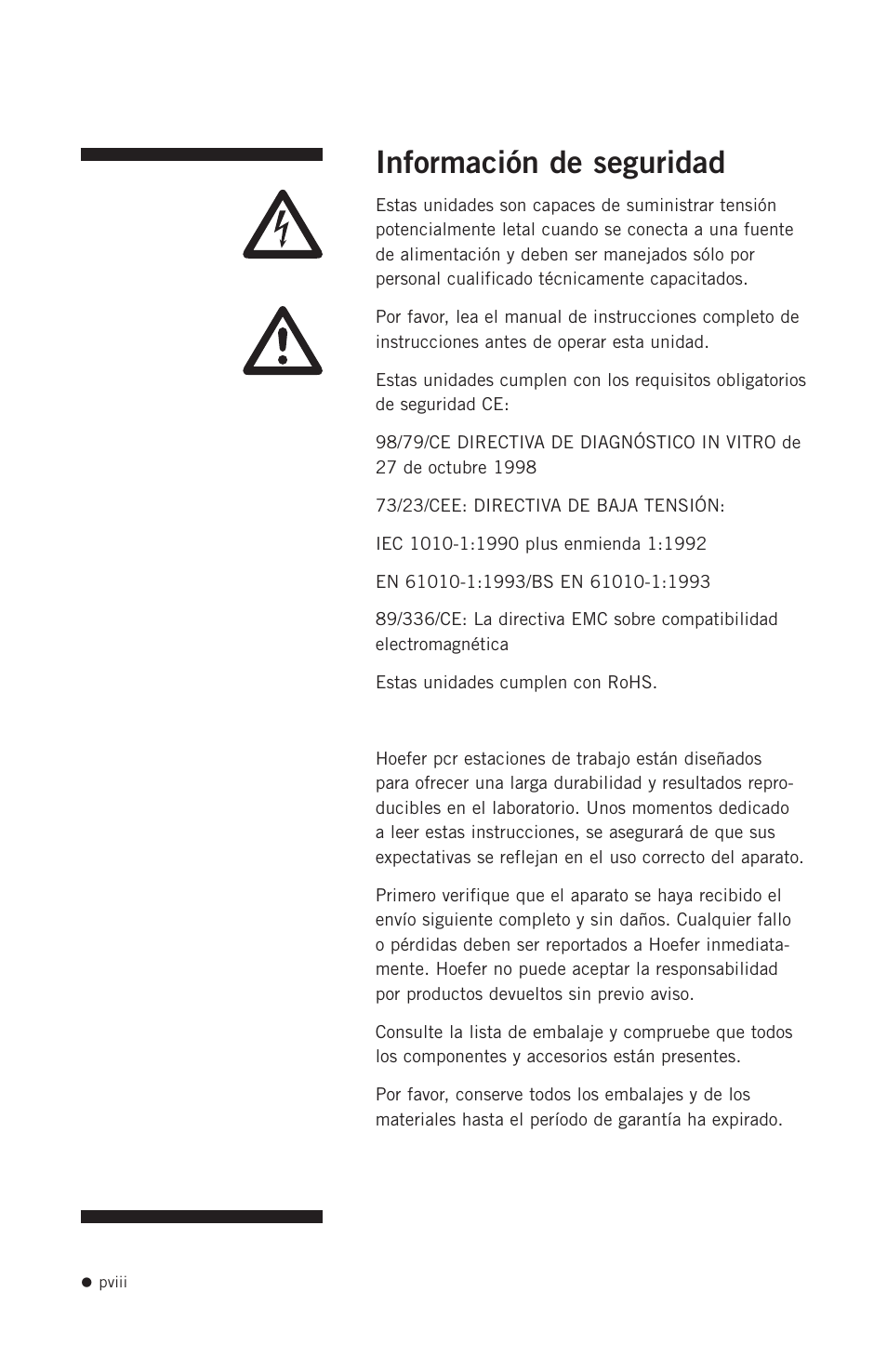 Información de seguridad | Hoefer PCR1000 User Manual | Page 9 / 19