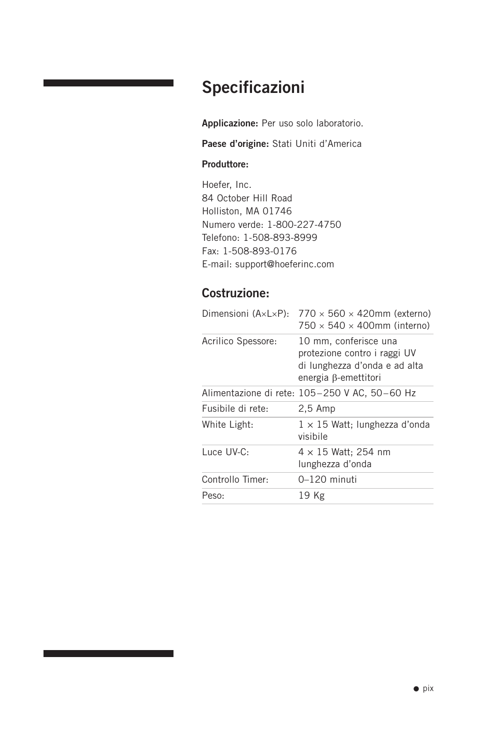 Specificazioni, Costruzione | Hoefer PCR1000 User Manual | Page 10 / 19