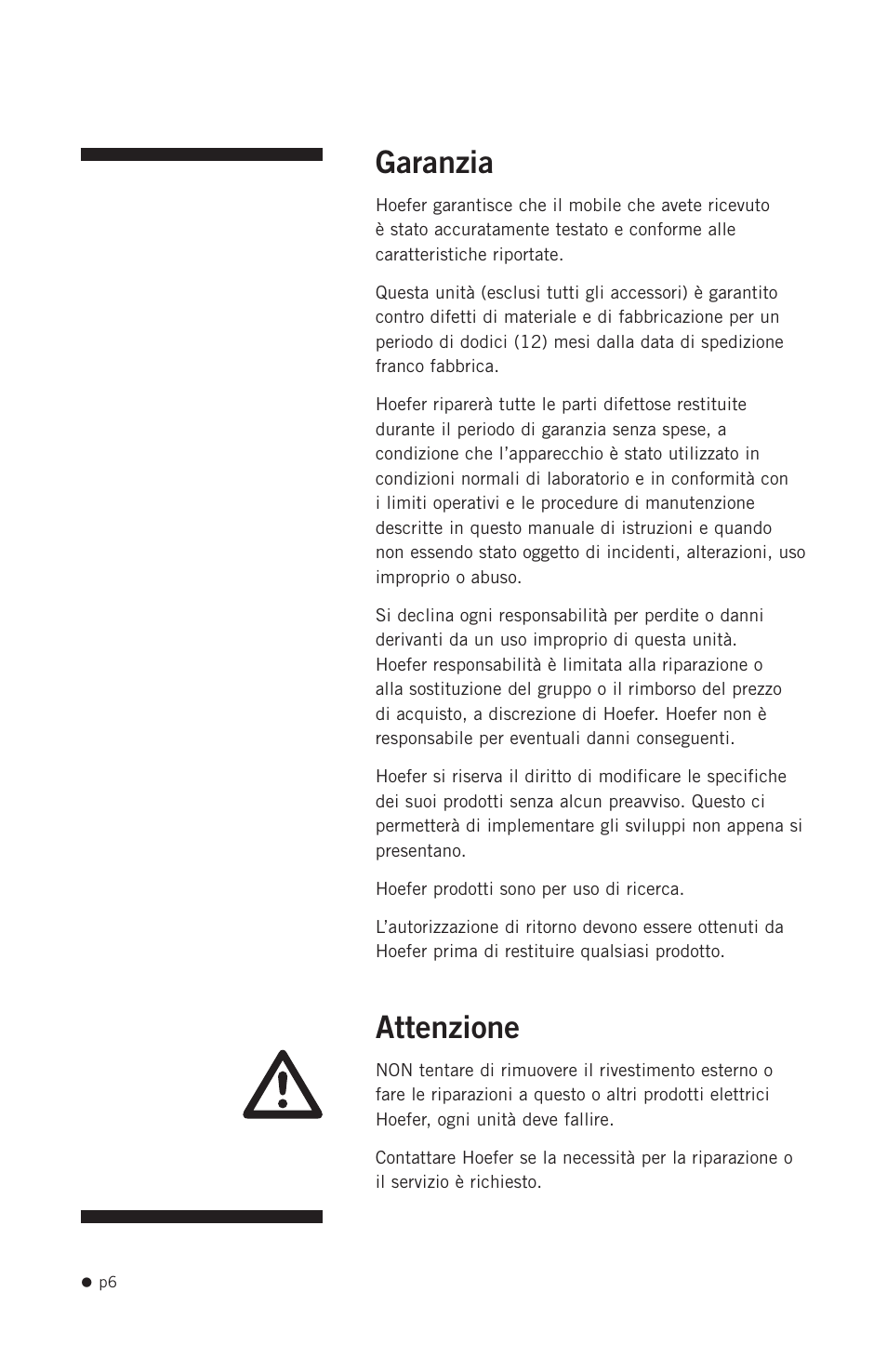 Garanzia, Attenzione | Hoefer PCR1000 User Manual | Page 17 / 19