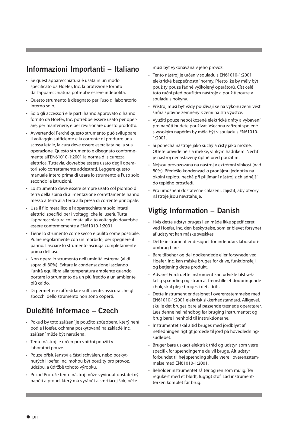 Informazioni importanti – italiano, Duležité informace – czech, Vigtig information – danish | Hoefer PCR1000 User Manual | Page 3 / 19