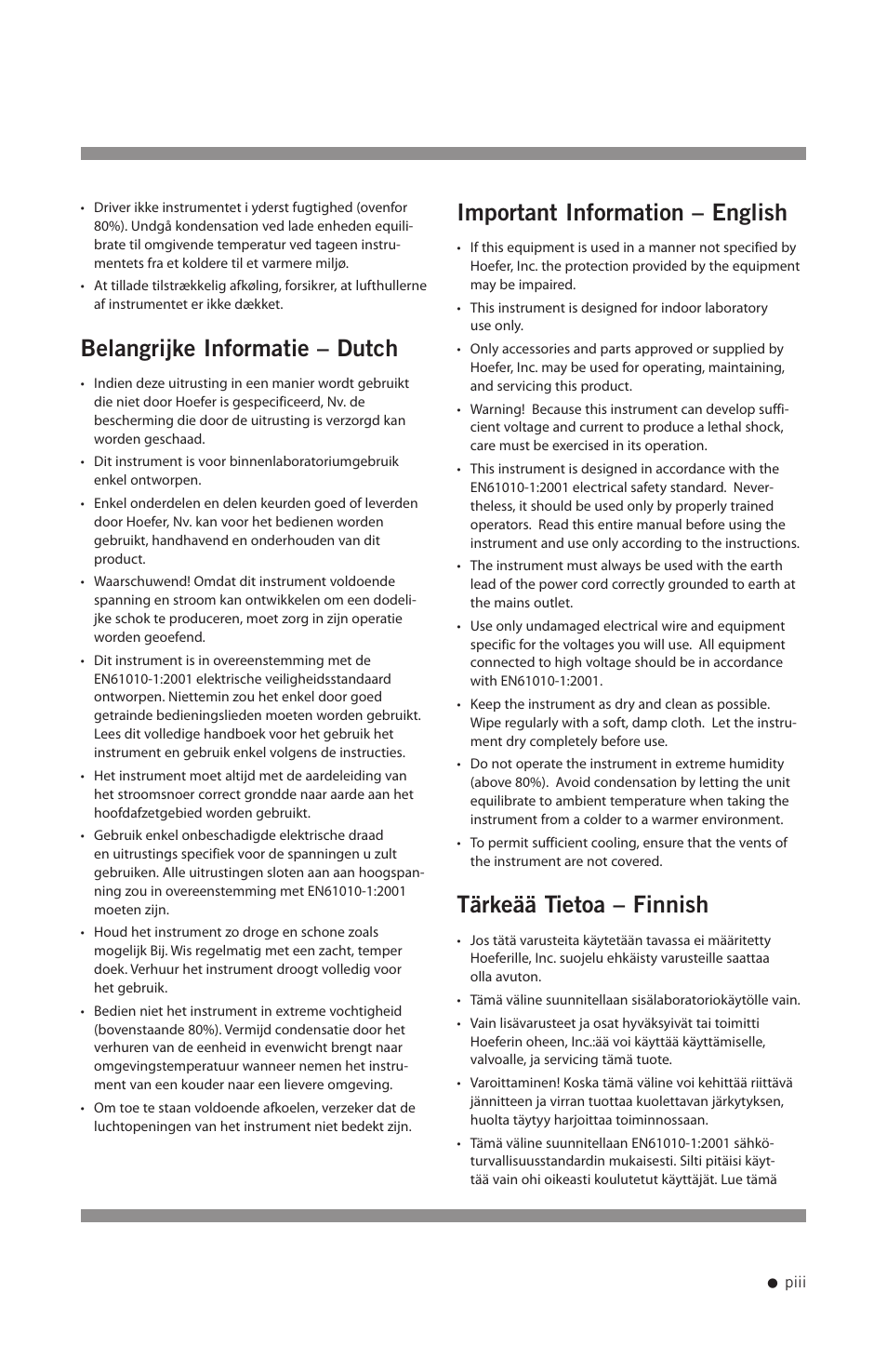 Belangrijke informatie – dutch, Important information – english, Tärkeää tietoa – finnish | Hoefer PCR1000 User Manual | Page 4 / 19