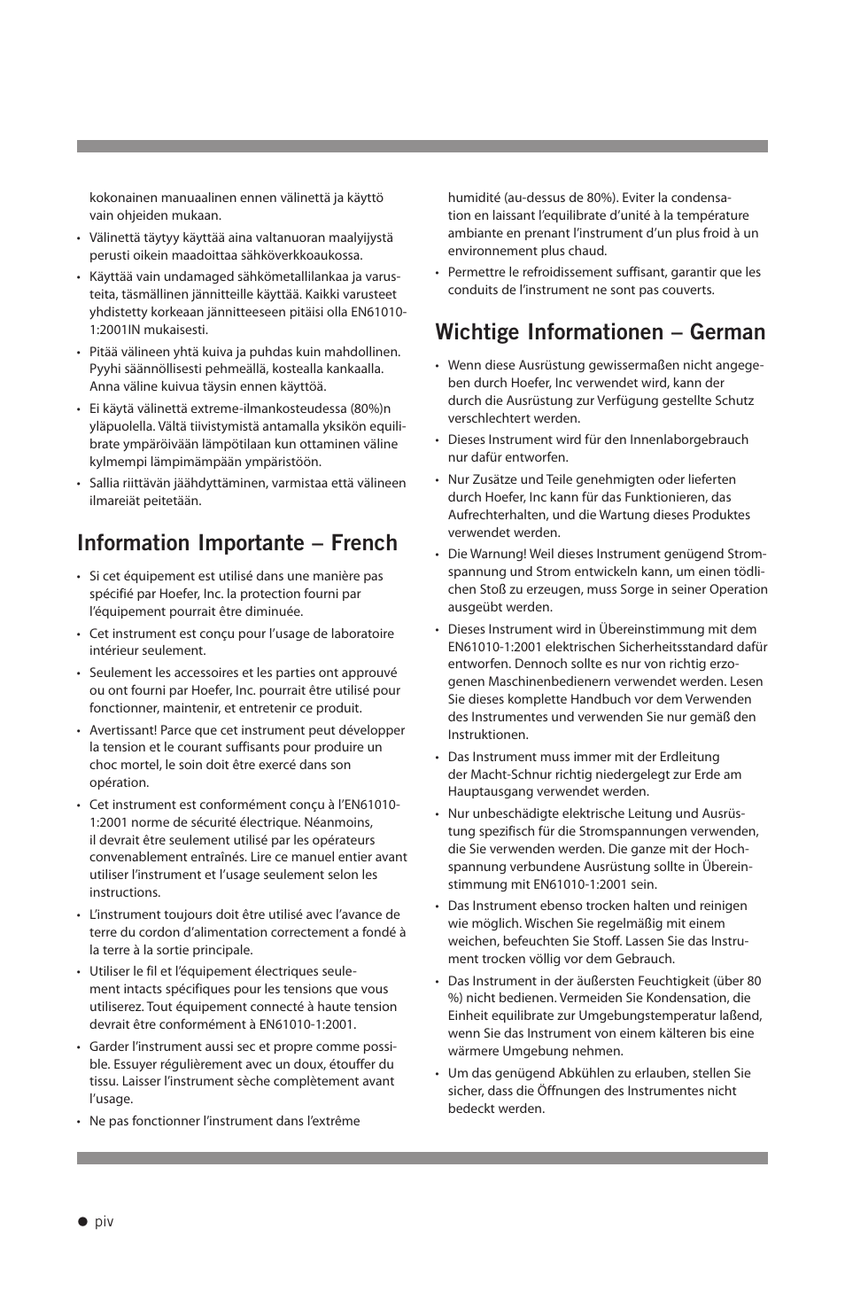 Information importante – french, Wichtige informationen – german | Hoefer PCR1000 User Manual | Page 5 / 19