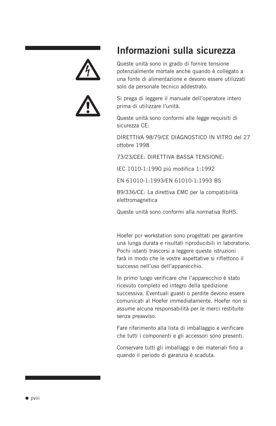 Informazioni sulla sicurezza | Hoefer PCR1000 User Manual | Page 9 / 19