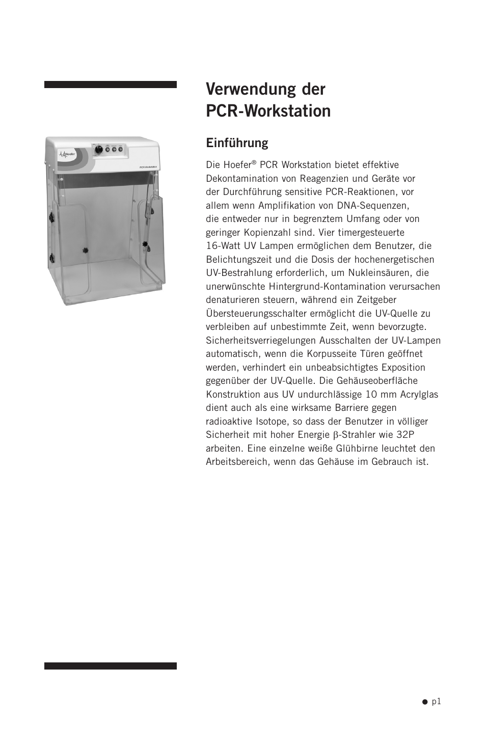 Verwendung der pcr-workstation, Einführung | Hoefer PCR1000 User Manual | Page 12 / 19