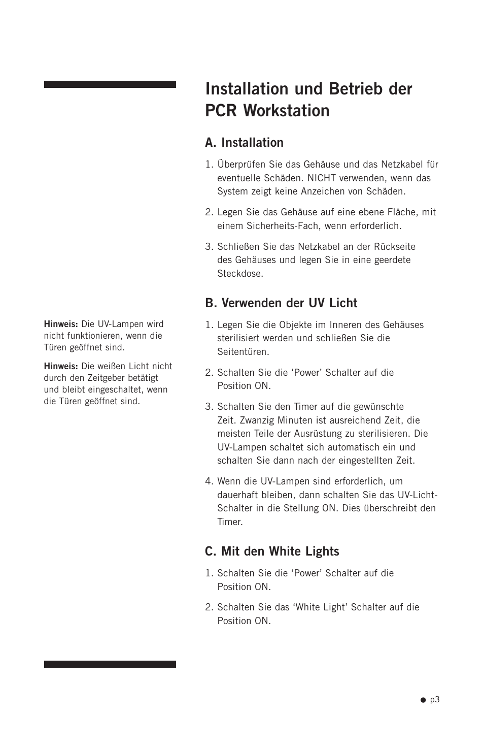 Installation und betrieb der pcr workstation, A. installation, B. verwenden der uv licht | C. mit den white lights | Hoefer PCR1000 User Manual | Page 14 / 19
