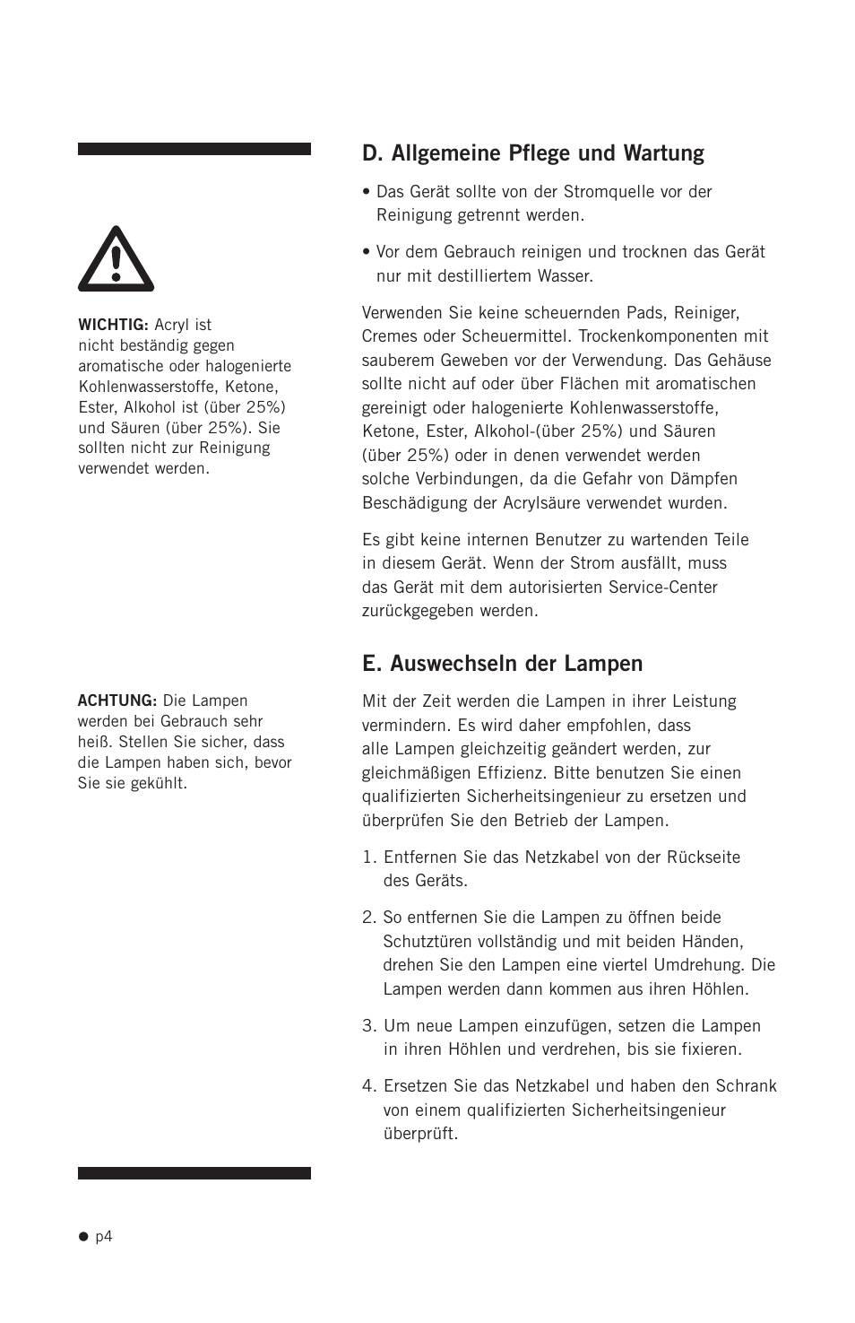 D. allgemeine pflege und wartung, E. auswechseln der lampen | Hoefer PCR1000 User Manual | Page 15 / 19