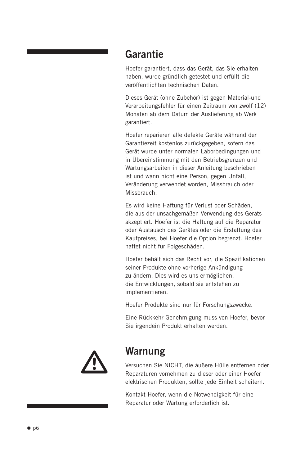 Garantie, Warnung | Hoefer PCR1000 User Manual | Page 17 / 19