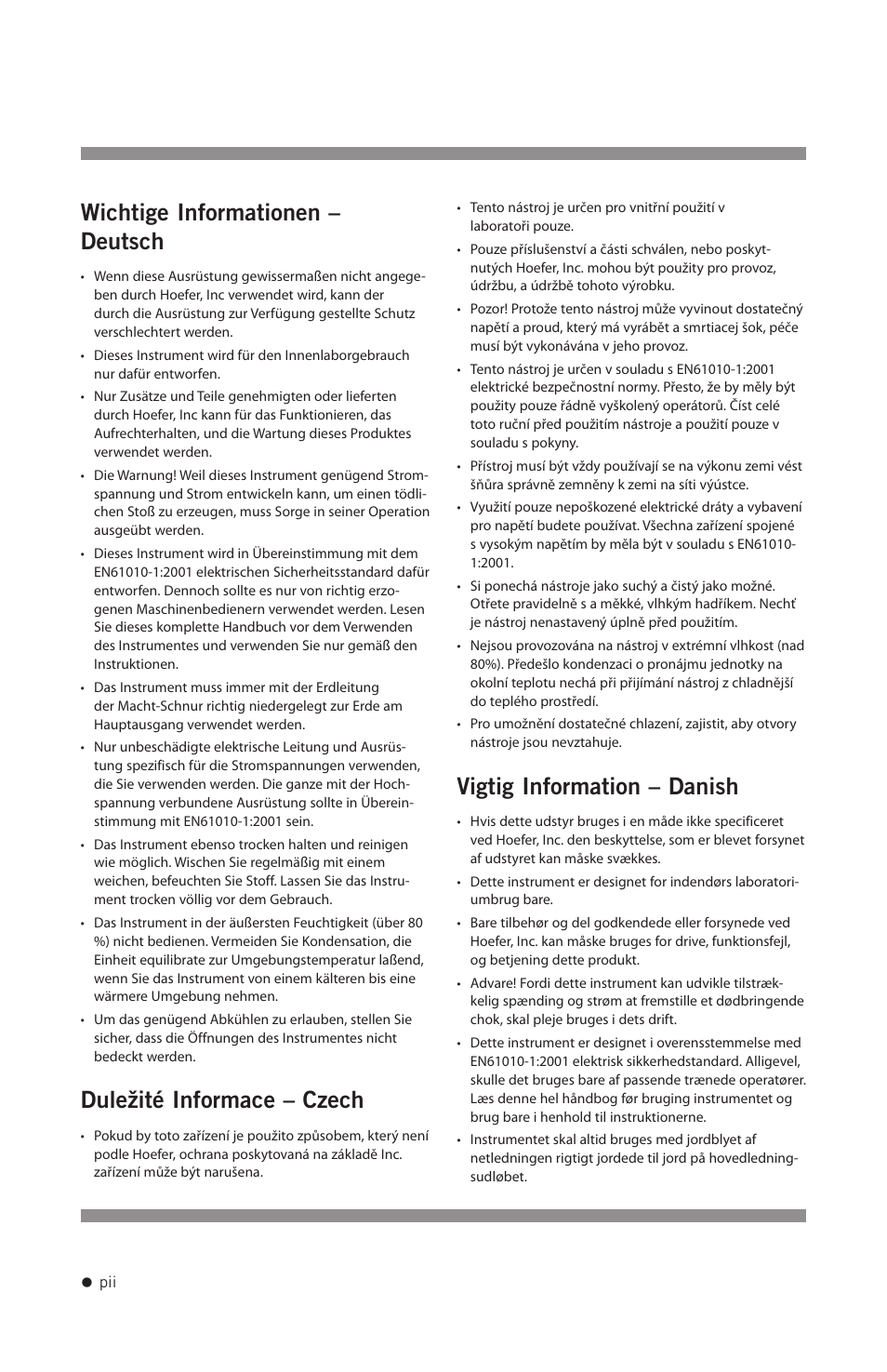 Wichtige informationen – deutsch, Duležité informace – czech, Vigtig information – danish | Hoefer PCR1000 User Manual | Page 3 / 19